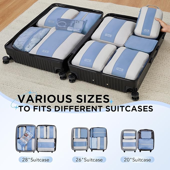 10 Set Compression Packing Cubes for Travel Essentials,Compressible Expandable Packing Cubes for Suitcase,OlarHike Luggage Organizer Bags for Travel,Handy Helper for Organizing Clothes(Light Blue)