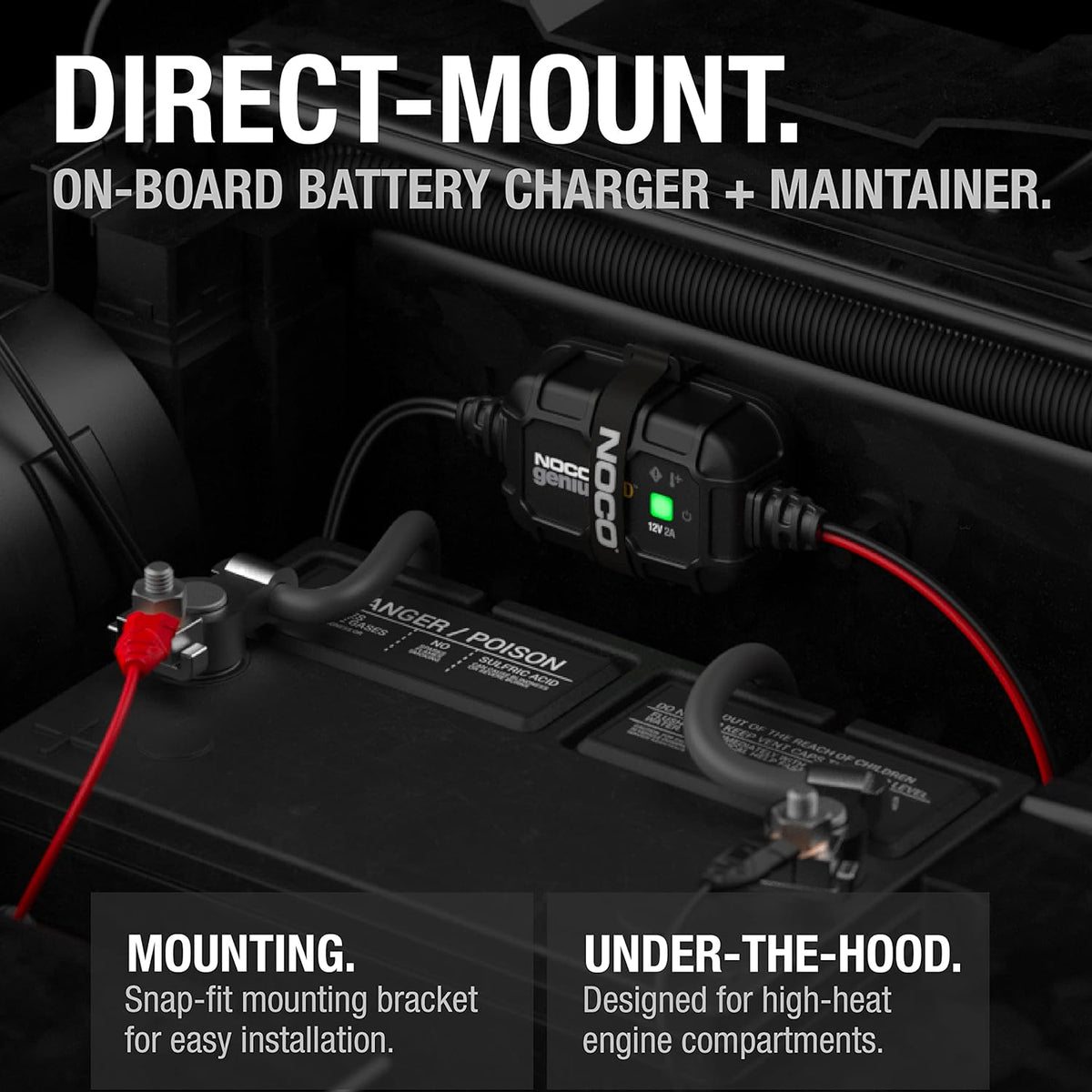 NOCO GENIUS2D: 2A 12V Smart Onboard Battery Charger - Direct-Mount Automatic Maintainer, Trickle Charger & Desulfator with Overcharge Protection & Temperature Compensation – For Lead-Acid Batteries