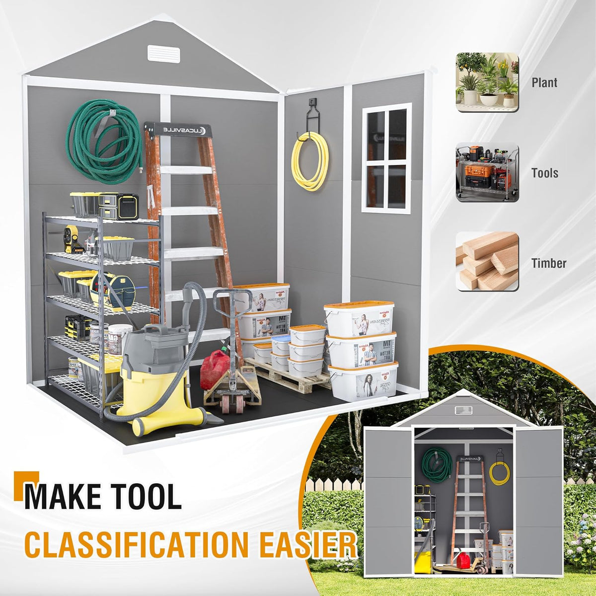 6x5 FT Outdoor Storage Resin Shed with Floor, Waterproof Plastic Garden Tool Shed with Windows, Vents & Lockable Door and Sloped Roof, Easy to Assemble Bike Shed for Patio, Backyard, Lawn, Grey