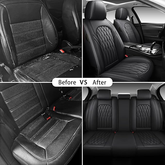 WELLDO Car Seat Covers Full Set, Leather Seat Covers for Cars, Car Seat Protector Waterproof, Non-Slip Car Interior Covers Full Set Universal Automotive Seat Covers for Most Cars SUVs, Black