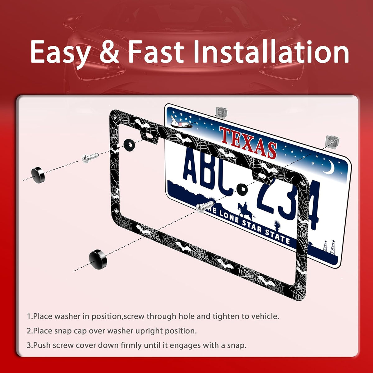 Bat Spider Web License Plate Frame Funny Gothic License Plate Frames Stainless Steel Accessories Cars Decor with 2 Holes and Screws Fits Standard Us Ca Vehicles License Plate Holder 12.2 X 6 Inch