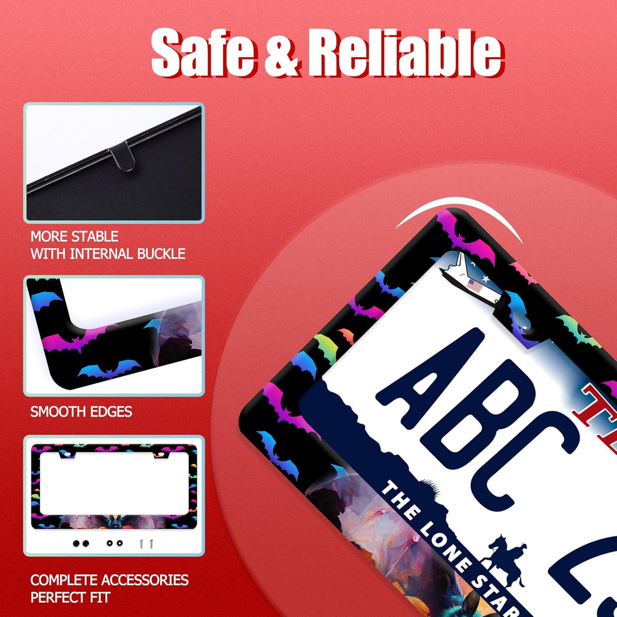 Bat License Plate Frame Funny Gothic License Plate Frames Stainless Steel Accessories Cars Decor with 2 Holes and Screws Reusable Fits Standard Us Ca Vehicles License Plate Holder 12.2 X 6 Inch
