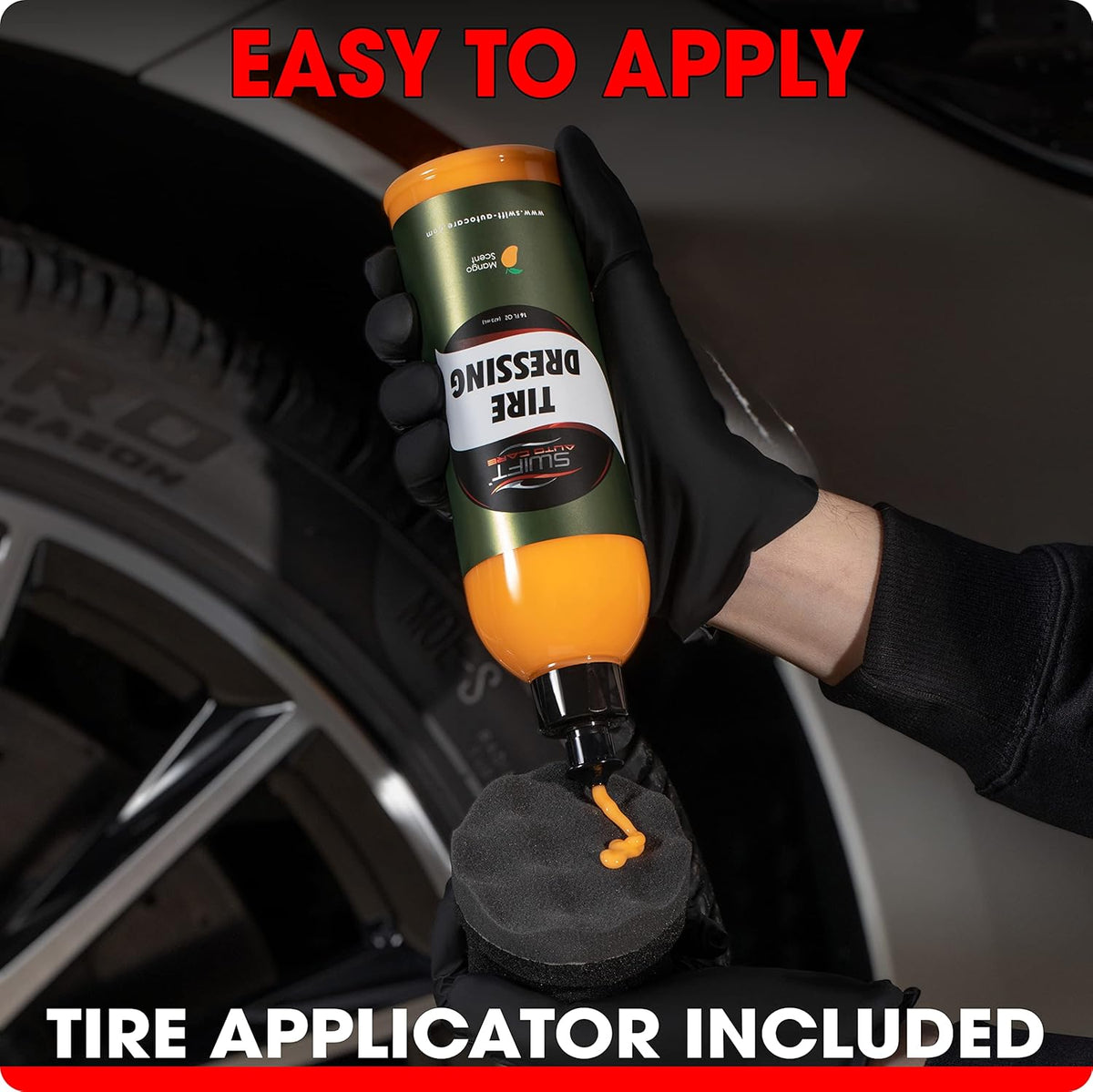 Swift Tire Dressing Combo w/Tire Applicator (16 Oz) – Long Lasting High-Gloss Tire Shine Gel w/No Sling | Restores Rubber, Plastic & Vinyl | Water-Based w/UV Protection | Fast Cure Time!