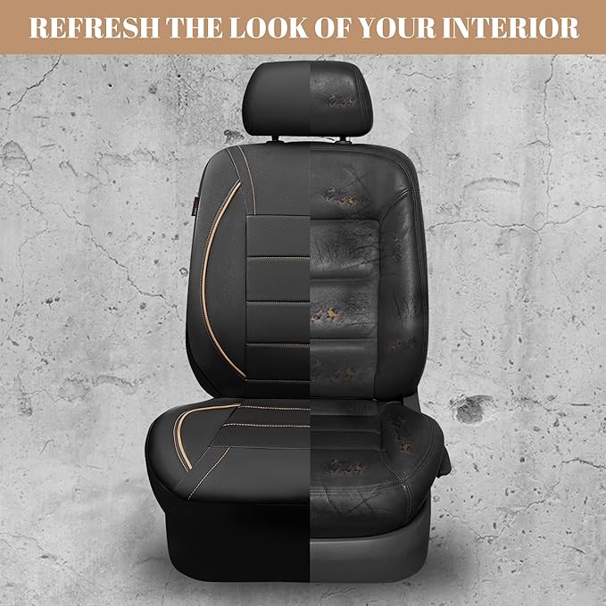 CAR PASS Universal FIT Piping Leather Two Front Seat Covers, Waterproof Faux Leather for SUV Sedan Van Truck, Airbag Compatible,Reserved Opening Holes for Headrest Covers. (Black and Beige)