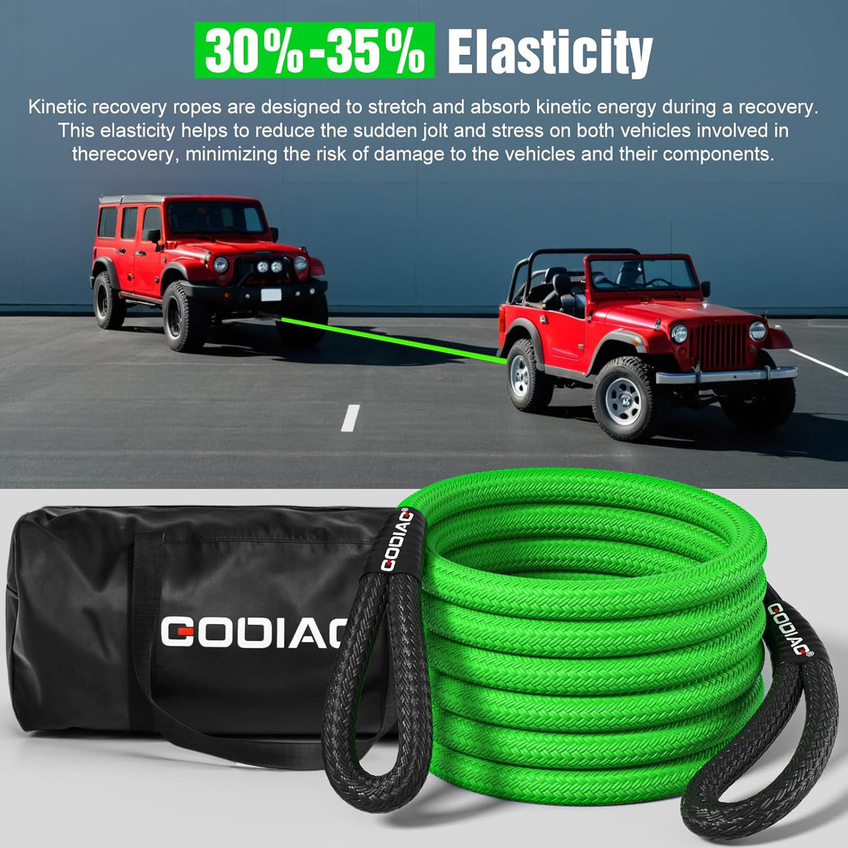 GODIAG 1"×30ft Kinetic Recovery Rope Recovery Tow Strap (46500lbs) Heavy Duty Energy Rope 30% Elasticity Off-Road Power Strap for Truck Jeep Car ATV UTV Tractor