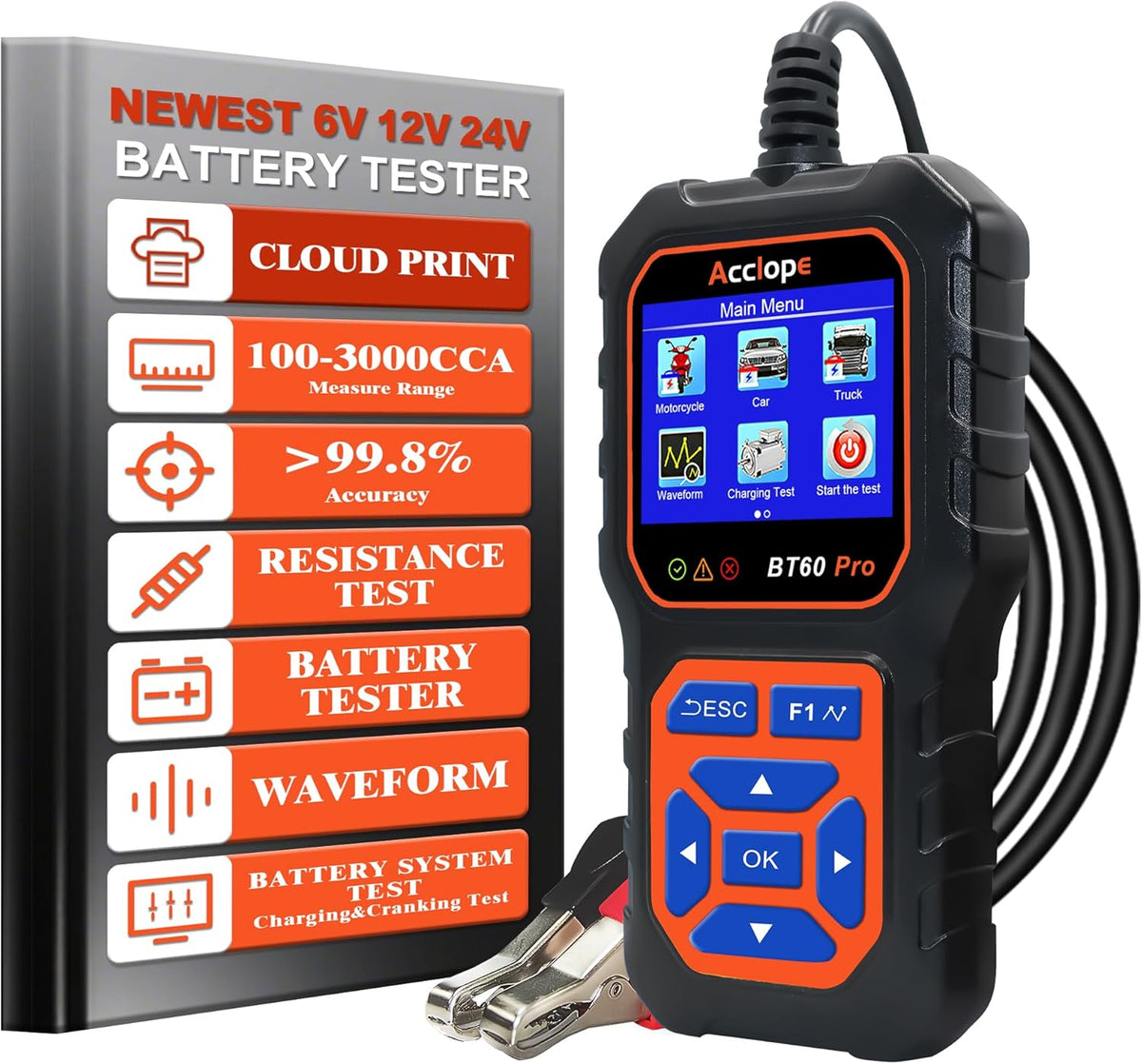 BT60 Pro Acclope Car Battery Tester with Cloud Printing 100-3000 CCA 6V 12V 24V AGM Lithium Gel Battery Checker Automotive Alternator Digital Analyzer Charging Cranking System Vehicles Truck Home-use
