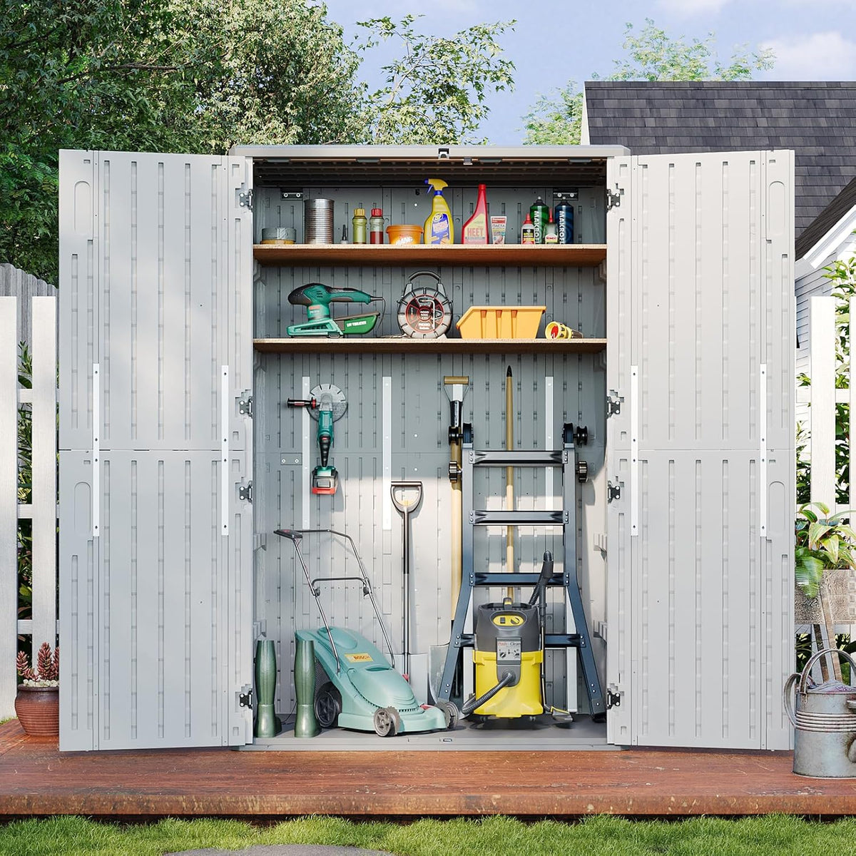 Aoxun Outdoor Storage Shed, 64 Cu.Ft Vertical Storage Sheds Outdoor with Floor, Outdoor Waterproof Storage Cabinet for Garage Storage, Pool Storage, Bike Shed, Garden Shed (White)