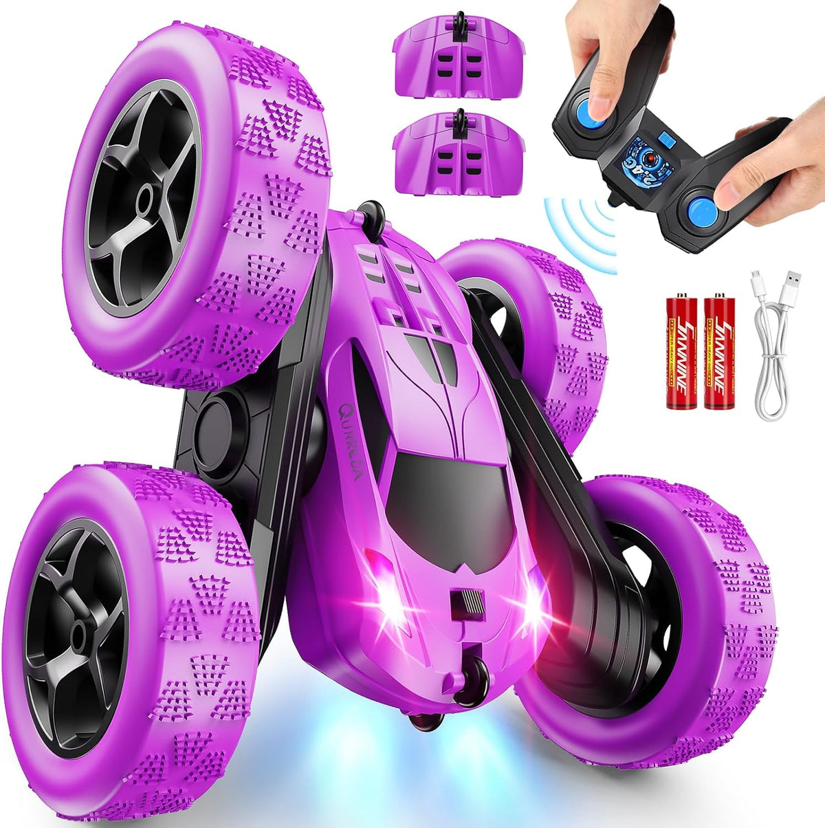 RC Cars, Purple Remote Control Car for Girls, 2.4 GHZ Double Sided RC Stunt Car 360° Rotating Remote Control Crawler with Headlights Car Toys for 6 7 8 9 10 11 12 Girls Birthday Gift