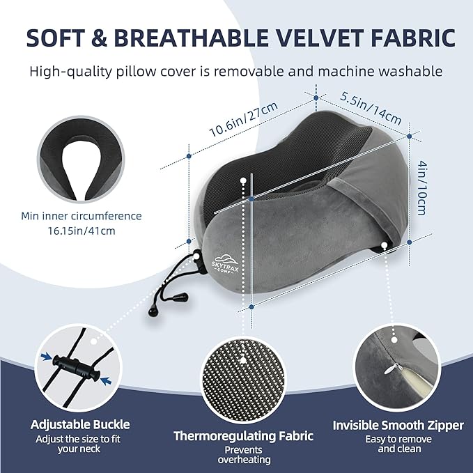 Travel Pillow with Extra Large Hood for Airplane Long Flights Privacy and Comfort Memory Foam with Velvet Cover for Road Trip Head&Neck Support for Plane Office Cars Sleeping & Rest (Light Grey)