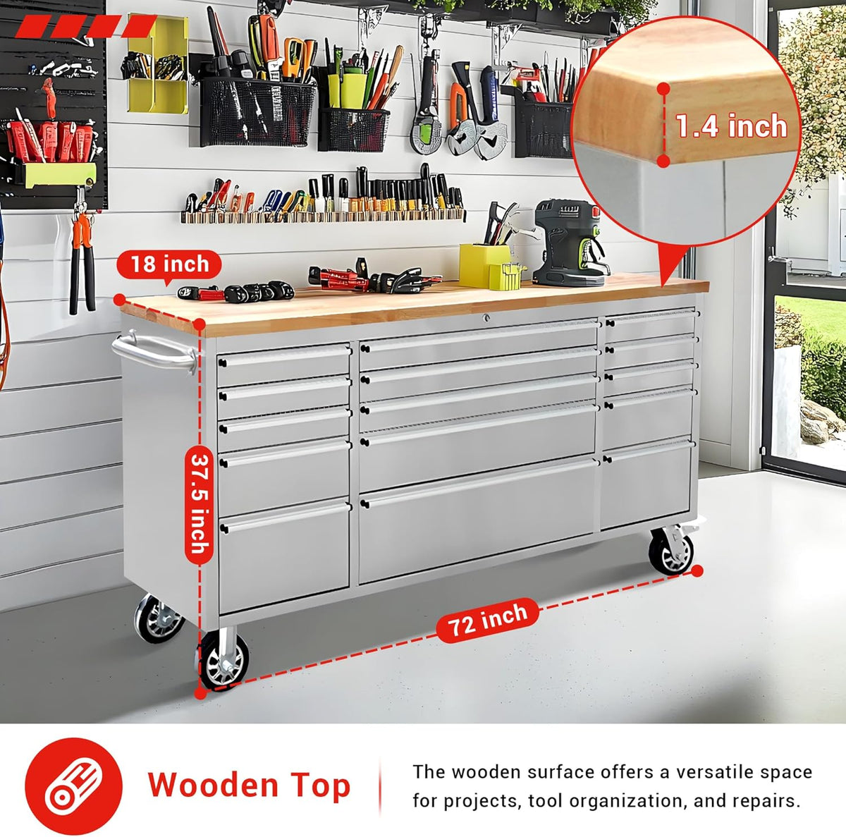 CT Copper Tailor 72-inch Rolling Tool Chest with 15 Drawers and Wheels, Mobile Garage Workbench, Large Tool Box Storage Tool Cabinet with Wood Top for Workshop,Stainless Steel