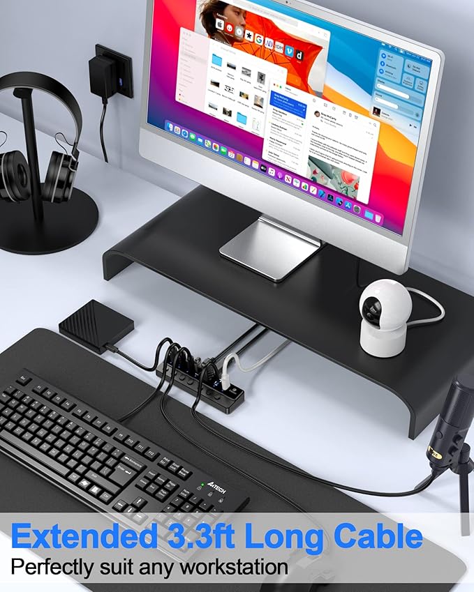 Qeefun Powered USB Hub, 7-Port USB 3.0 Data Extender with Individual LED On/Off Switches and 12V/2A Power Support Port, USB Splitter Expander for Laptop, Desktop PC, iMac and More