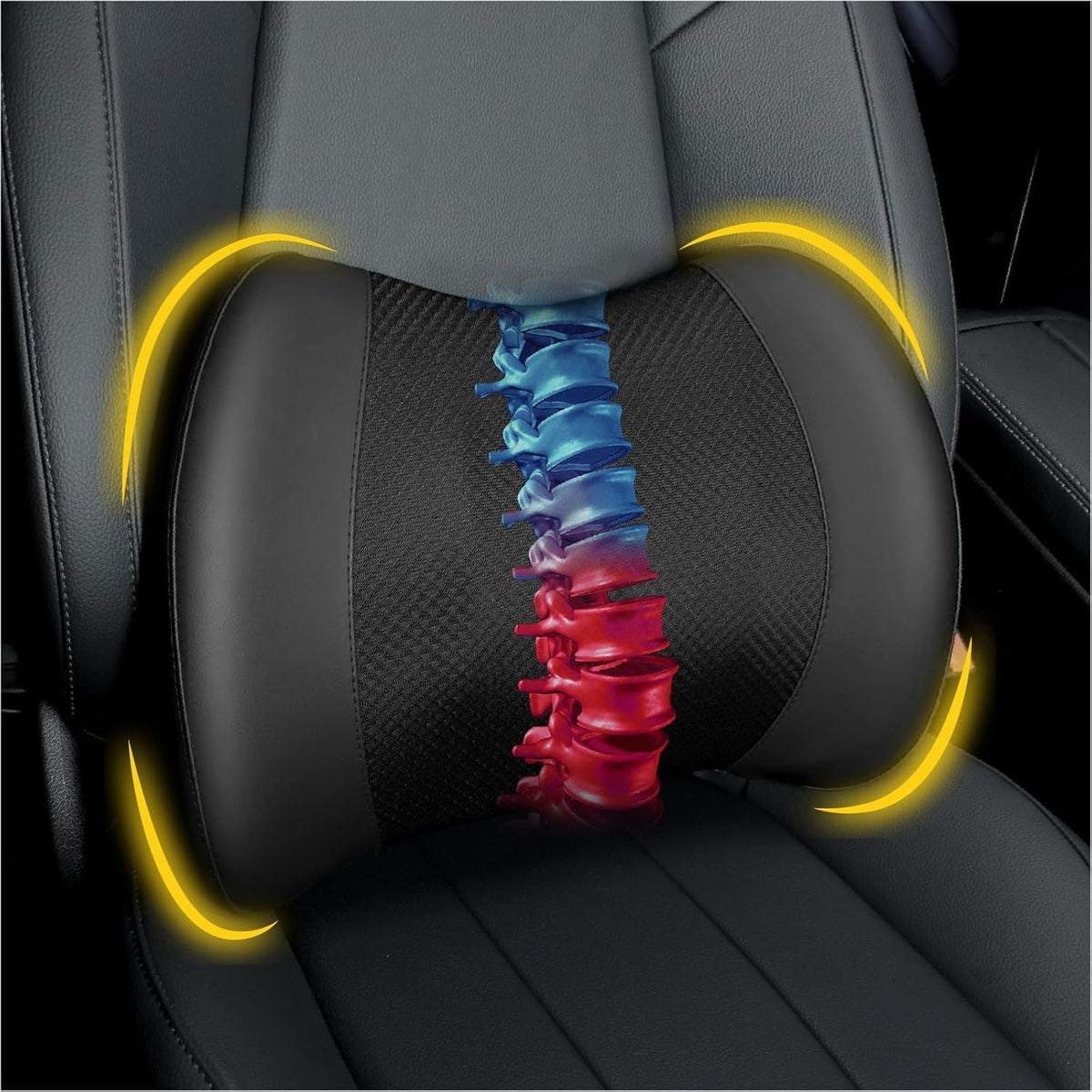 Lumbar Support Pillow for Car, Memory Foam Lumbar Pillow for Lower Back Pain Relief - Back Cushion for Driving, Chair Support for Car-Office Chair, Wheelchair - Black