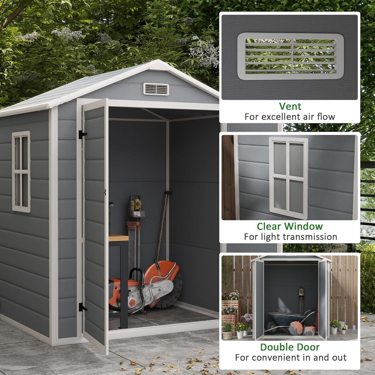 Outsunny 6' x 4.5' Outdoor Storage Shed, Plastic Shed with Vent, Window and Double Lockable Doors, Utility Resin Shed for Patio, Backyard, Lawn, Garage, Gray