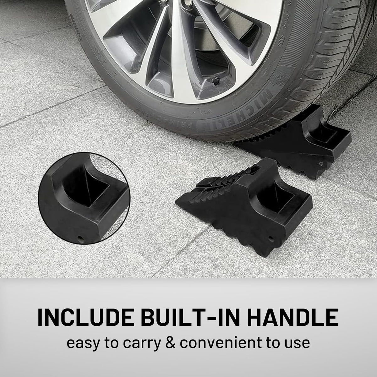 ROBLOCK Solid Rubber Wheel Chocks Heavy Duty Trailer Chock, G.V.W. Up to 8T, 4 Pack Black, 8.6" L x 3.7 W x 4.7" H for Car, Travel Trailers, RV, Truck, and ATV, for All Weather Use