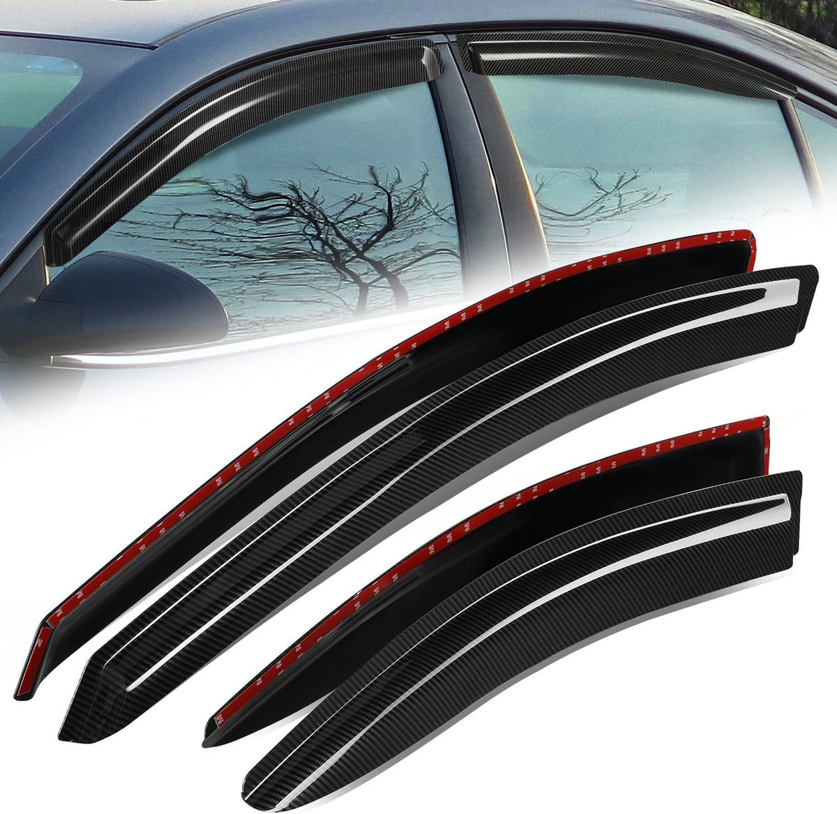 Auto Dynasty 4Pcs Carbon Fiber Pattern Window Visors Compatible with 2005-2010 Pontiac G6, Tape-On Front & Rear Window Deflectors Rain Guards Sun Wind Air Side Vent Shade, Glossy Black