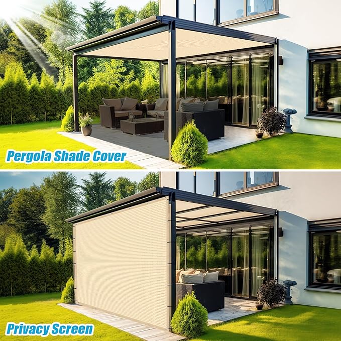 Amagenix 90% Pergola Shade Cover 8' X 11' Sun Shade Cloth with Grommets for Outdoor Garden Patio Porch, Commercial Grade 200 GSM - Cable Zip Ties Included (We Customized) GN108, Wheat
