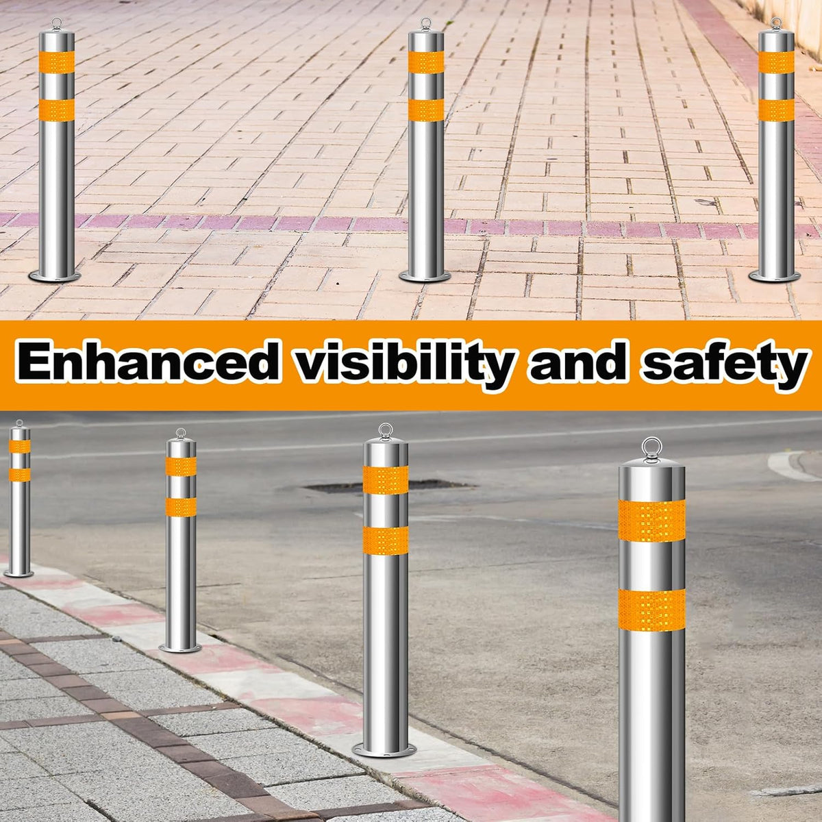 31.5 Inch Stainless Steel Bollard Post with Anchor Bolts Parking Barrier Block Safety Bollard Covers with Reflective Strips and Hanging Ring for Parking Lots Driveways Garage Pathways(4 Pcs)