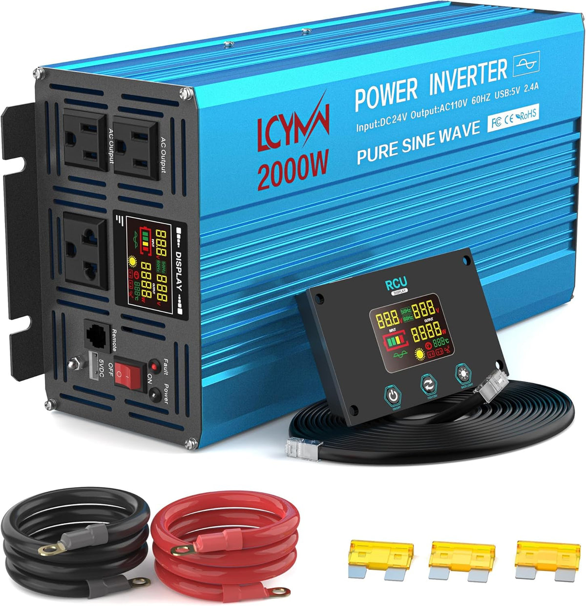 2000 Watt Inverter Pure Sine Wave DC 24V to 110V/120V AC Power Inverters with 3 AC Charger Outlets Car Solar Converter for Vehicles Home with LCD Display and 2.4A USB Charging Port