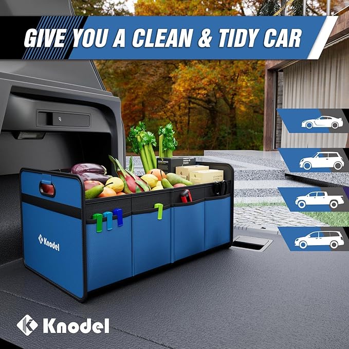 K KNODEL Car Trunk Organizer, Foldable Organizer for Car, Automotive Consoles & Organizers, Storage with Reinforced Handles (Small, Blue)