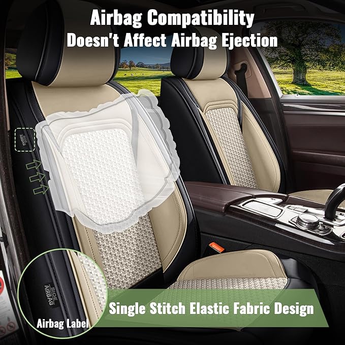 Car Seat Covers Front Seats for Nissan Murano 2011-2025 2026 - Breathable Cooling Ice Silk Leather Seat Cover - 2 Seats Vehicle Seat Cushion Protector Auto Accessories (Black&Beige)