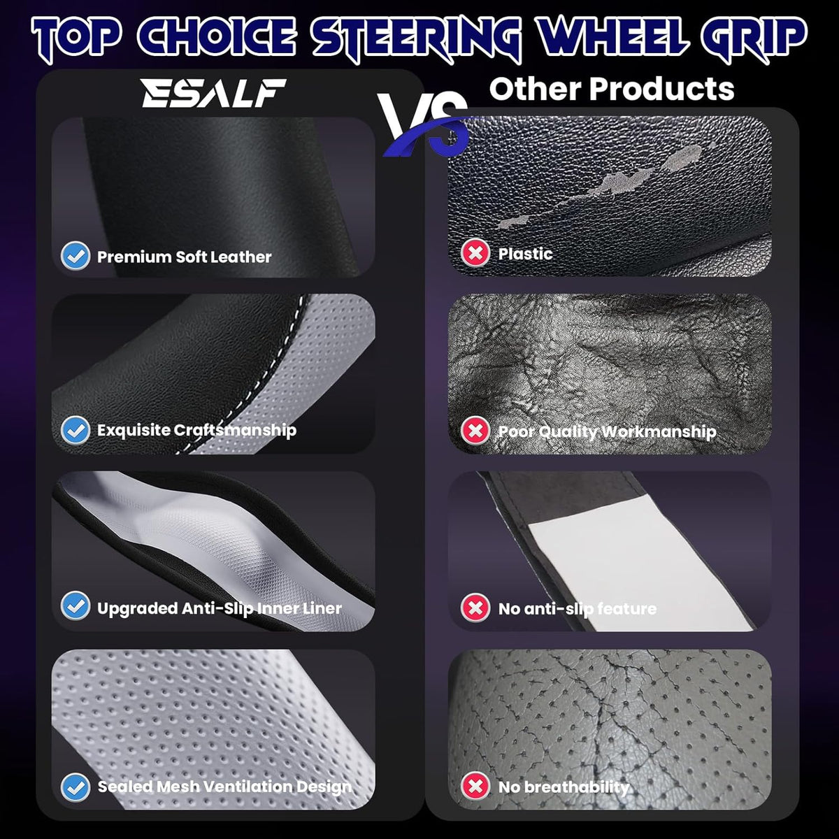 Soft Leather Steering Wheel Cover with Breathable Design and Anti-Slip Grip, Fully Compatible with Tesla, Toyota, Honda, Nissan 14.2-14.96 inch Round Steering Wheel（Sedans and SUVs）