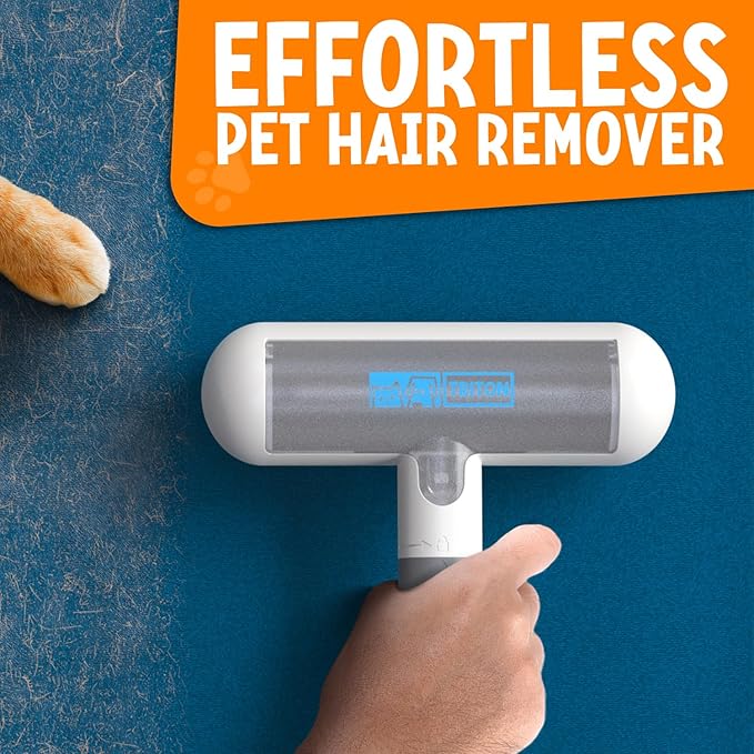 Triton Travel Pet Hair Removal Tool w/Fur Trapping Compartment and Detachable Handle, 60% Smaller Storage Size, Reusable Shedding Roller, Cat and Dog Hair Remover for Furniture, Couch (Gray/White)