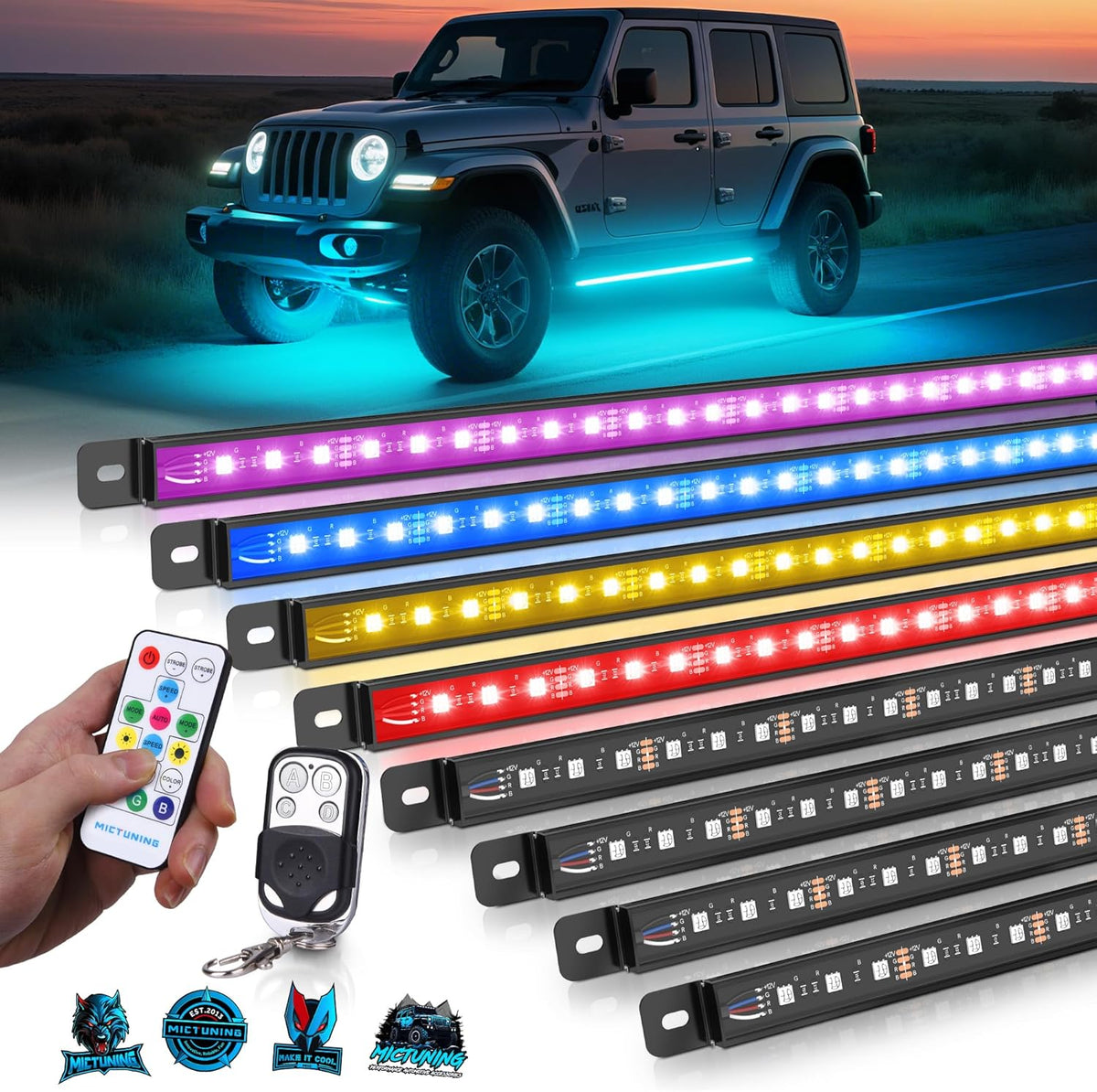 MICTUNING U8 RGB Underglow LED Light Bar, Dual Remote Control, Multicolor Underbody Light Strip with Aluminum Housing, Car SUV Exterior Neon Accent IP68 Waterproof, 8pcs