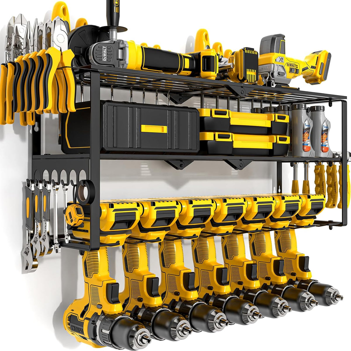 Power Tool Organizer Wall Mount Cordless,15 Min Fast Install Metal Garage Tool Storage Organizer Heavy Duty 3 Layers 7 Drill Power Tool Holder Storage Rack Tool Shelf Wall Mount for Shop Organization