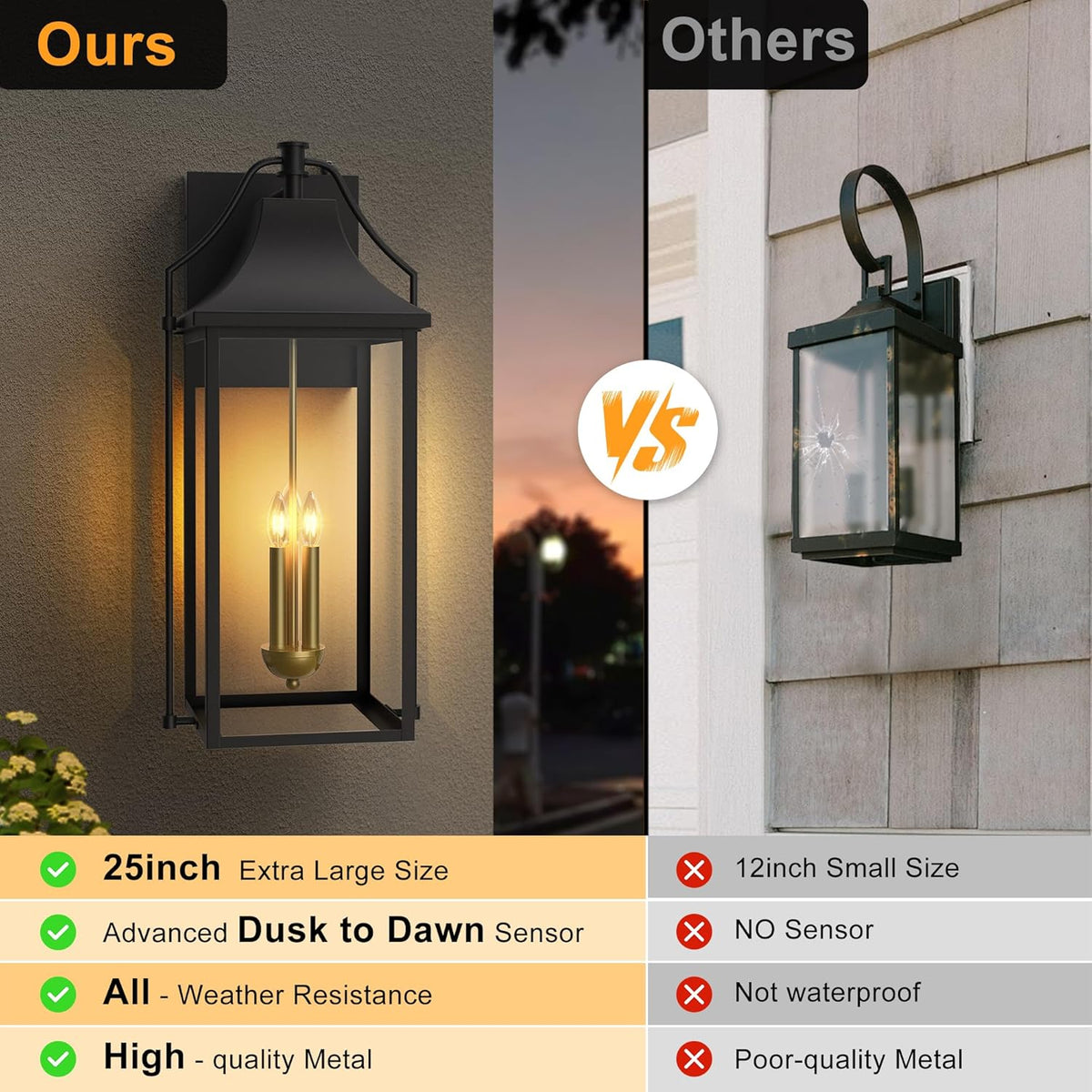𝟮𝟱-𝗜𝗡𝗖𝗛 Outdoor Wall Lights Fixtures, Large Size Dusk to Dawn Waterproof Exterior Lanterns, Modern Porch Sconce Wall Mounted with Glass, Black Outside Lights for House Patio Front Door
