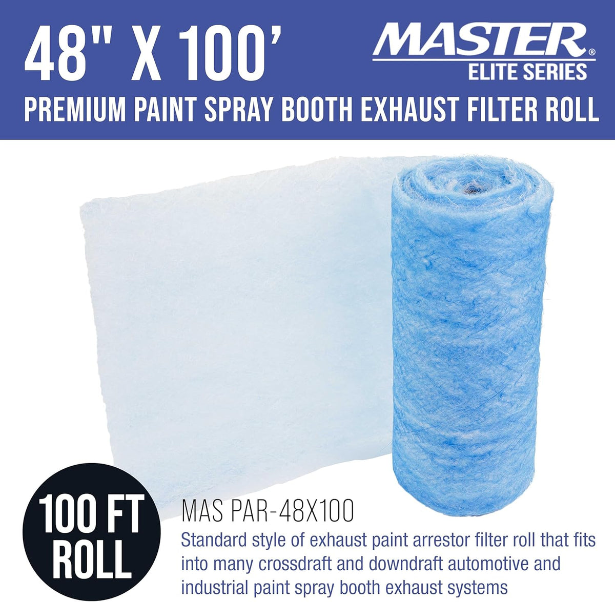 Master Airbrush Elite Paint Spray Booth Exhaust Filter Roll 48" x 100' - 18 Gram Heavy-Duty Fiberglass Paint Arrestor for Filtering Overspray Particles in Auto Body Shops & Refinish Booths