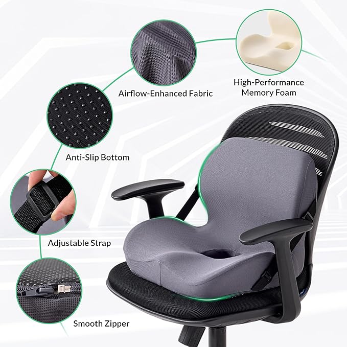 One-Piece Memory Foam Seat & Back Cushion - Lumbar Support, Adjustable Strap, Non-Slip Bottom - Breathable Removable Cover for Office Chair, Car, Truck (Grey)