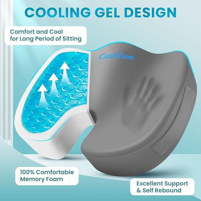 Office Chair Seat Cushion, Cooling Gel Enhanced Memory Foam Cushion for Long Sitting - Back, Sciatica, Coccyx, Tailbone Pain Relief Pillow - for Office, Gaming, Car, Wheelchair - Light Grey, X-Large