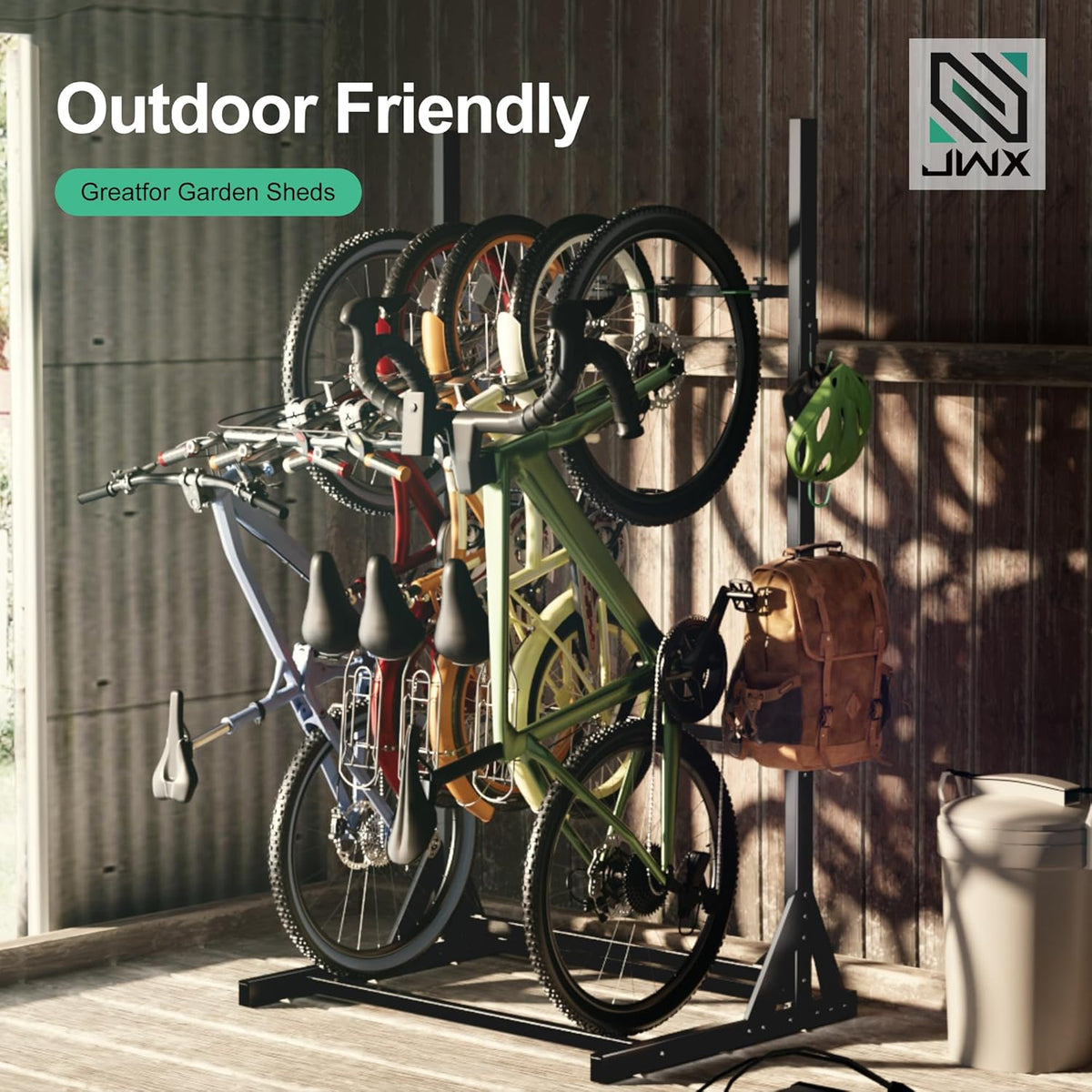 JWX Freestanding 5 Bike Rack, Heavy Duty Floor Bike Stand with Triangle Support Panels, Adjustable Rubber-Coated Hooks, Gear Accessory Holders, Easy Assembly