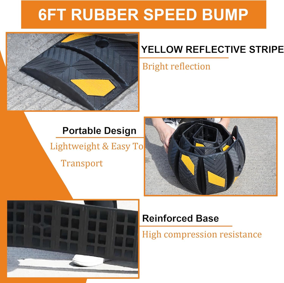 OrangeStar 6Ft Portable Rubber Speed Bump, Heavy Duty Speed Hump w/Reflective Yellow Strips for Asphalt Concrete Driveway Gravel(No Screws)