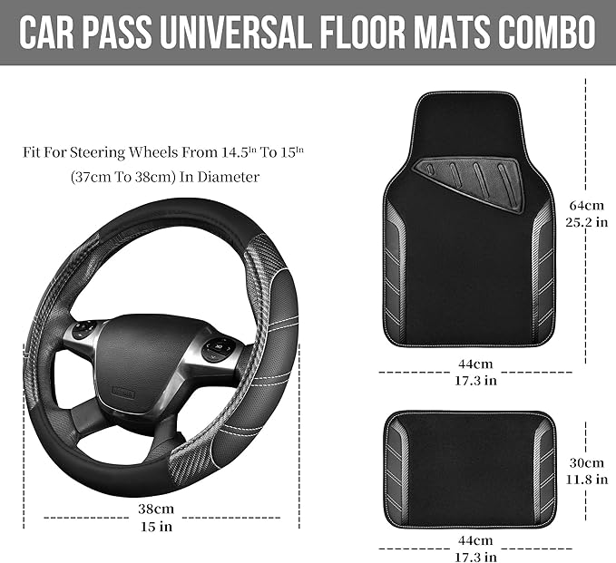 CAR PASS Leather Steering Wheel Cover and Waterproof Car Floor Mats,Microfiber Universal Car Combo Fit for 95% Sedan,SUV,Cars,14.5-15inch Sporty Anti-Slip Safety Comfortable Design(Carbon Fiber Black)