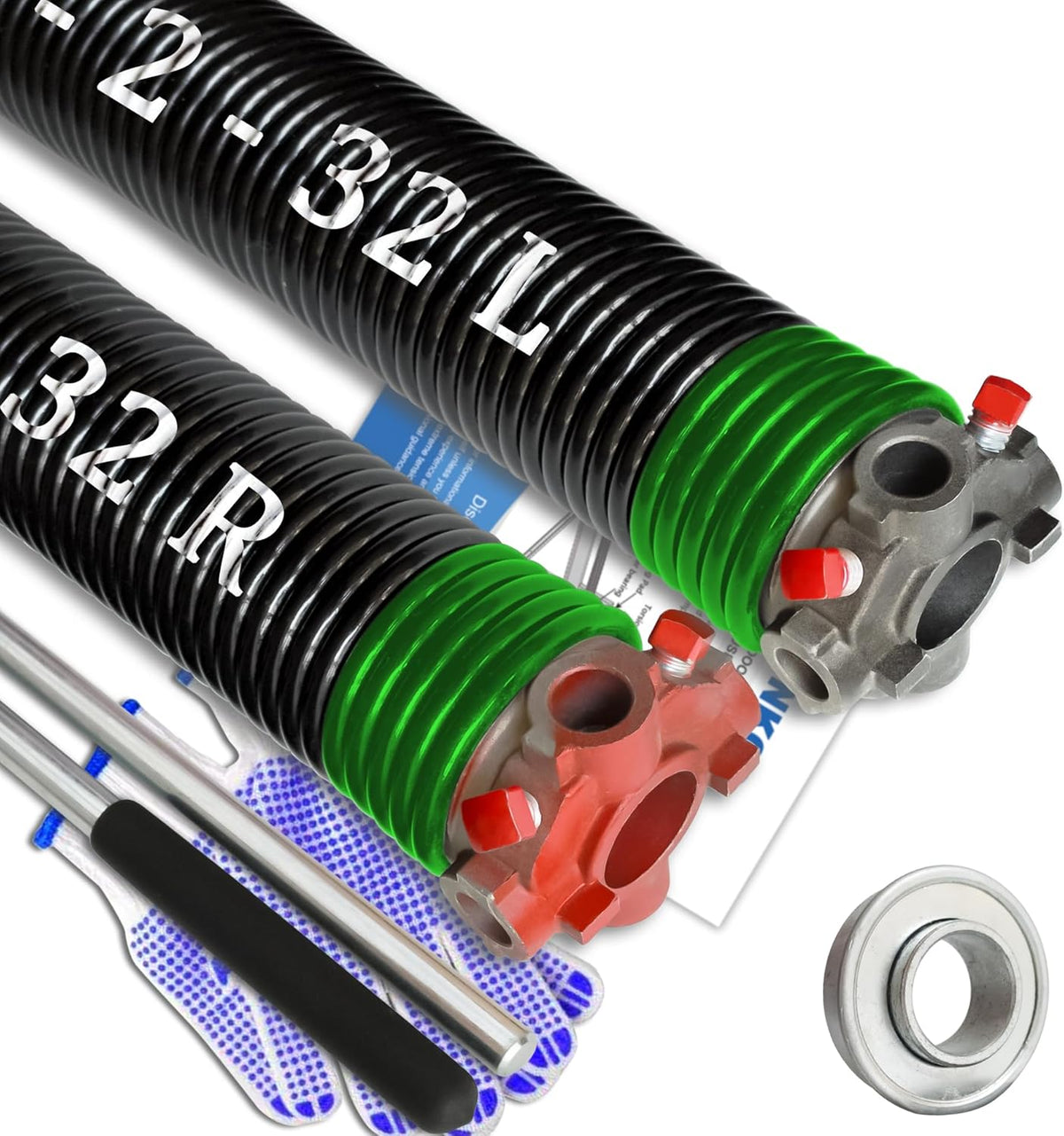 Garage Door Torsion Spring Set, Pair of 2" Electrophoresis Coated Garage Door Spring Replacement with 2 Non-Slip Winding Bars and Bearing, Minimum 16000 Cycles (.243x2x32")