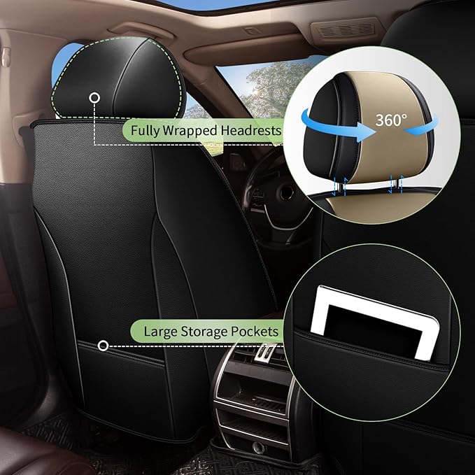 Car Seat Covers Full Set for Acura TSX 2009-2014, Breathable Cooling Ice Silk Leather Car Seat Covers, 5 Seats Vehicle Seat Protector Seat Cushion Automotive Accessories (Black&Beige)