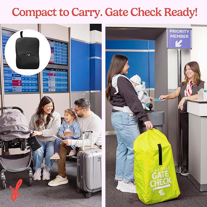 J.L. Childress Gate Check Travel Bag for Car Seats - Car Seat Travel Bag for Airplane, Includes AIRTAG Holder, Fits All Baby Car Infant Carriers & Child Booster Seats - Neon Yellow
