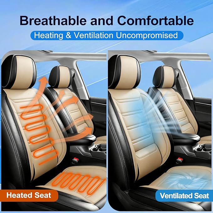 Fit Bolt Car Seat Covers for Select Chevrolet Bolt/Bolt EUV 2017-2025, Premium Full Coverage Leather, Airbag Compatible, Waterproof All Weather Seat Cushion Protector, Full Set, Black+Beige