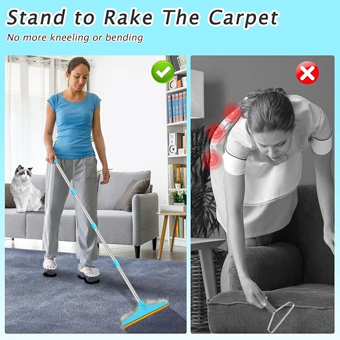 Carpet Rake for Pet Hair Removal - Reusable Pet Hair Remover, 60” Adjustable Long Handle Cat Dog Carpet Rake Scraper with Patented Design, Dog Hair Rake Brush for Rugs, Mats