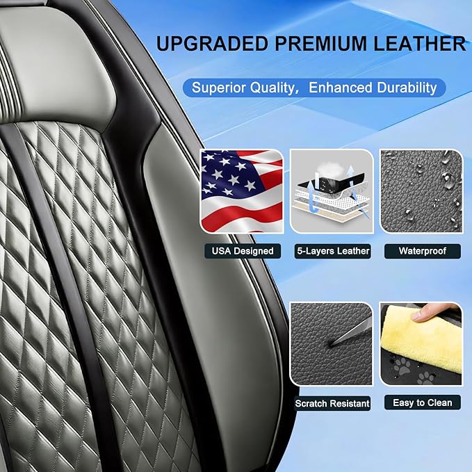 Fit Malibu Car Seat Covers for Chevrolet/Chevy Malibu 2009-2025, Full Coverage Leather, Airbag Compatible, Waterproof All Weather Breathable Seat Cushion Protector, Full Set, Black+Gray