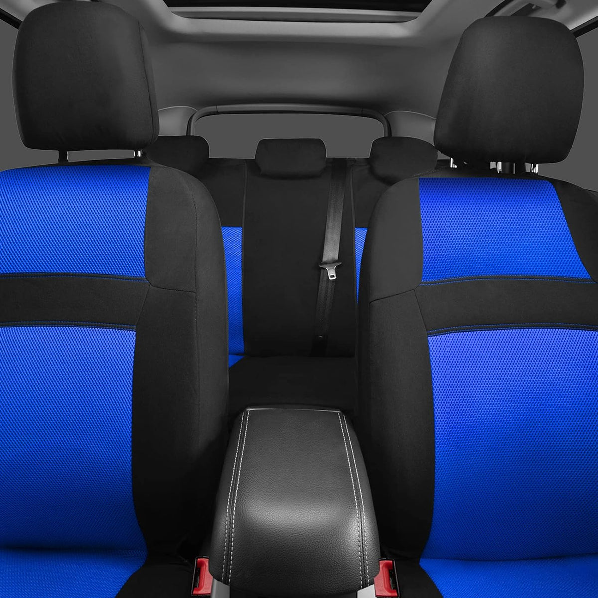 CAR PASS 3D Air Mesh Car Seat Covers Full Sets w/5mm Sponge, 4Pcs Waterproof Car Floor Mats, Steering Wheel Cover Universal Fit for SUV Sedan Truck, Airbag Compatible Automotive Interior(black & blue)
