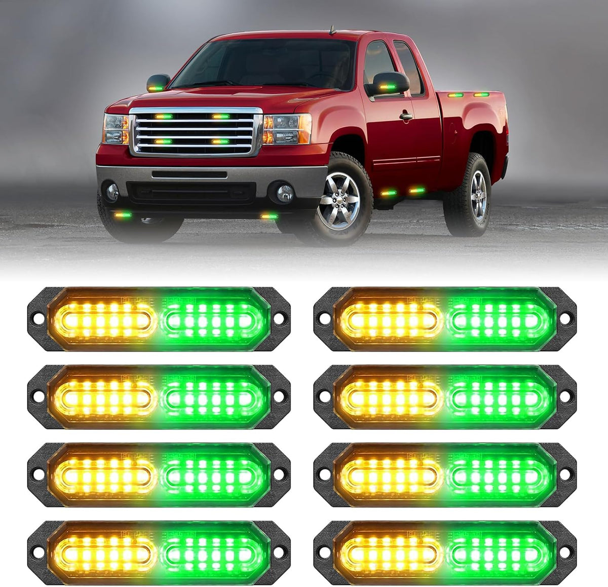HLauto 1200T Emergency Strobe Grille Lights: 8pcs 12 LED Sync Feature Safety Warning Flashing Lights, Ultra Slim Surface Mount Hazard Caution Lights for Trucks, Vehicles, Car, ATV, UTV (Amber Green)