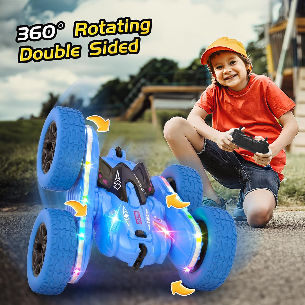 Remote Control Car, RC Cars for Kids with New Upgraded Strip Lights, 2.4GHz RC Stunt Cars with Headlights, 600mAh 4WD 360° Rotating Off Road, 4 5 6 7 8 9 Year Old Boy Toys Birthday Gifts