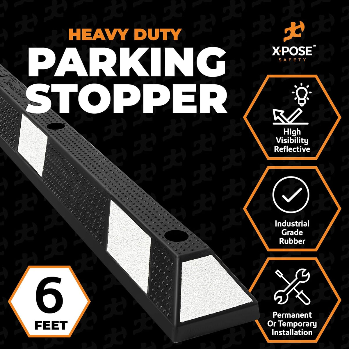 Xpose Safety 72" Heavy Duty Rubber Parking Stopper – 1 Pack Wheel Blocks for Garage, Driveway, or Ramp – Car Bumper Stop with White Reflective Strips – Removable Floor Mount