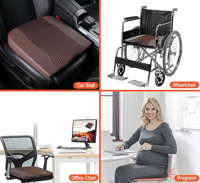 Car Seat Cushion, Comfort Memory Foam Car Cushions for Driving - Sciatica & Lower Back Pain Relief, Driver Seat Pillow for Auto, Office Chair, Wheelchair - 4D Mesh Brown