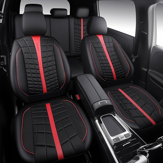 CAR PASS Leather Mesh Car Seat Covers Full Set, 3D Foam Breathable Luxury Mesh Leather Seat Covers Full Set, Universal Fit for Cars Trucks SUV, Airbag Compatible, Anti Slip Seats 5 Black Red