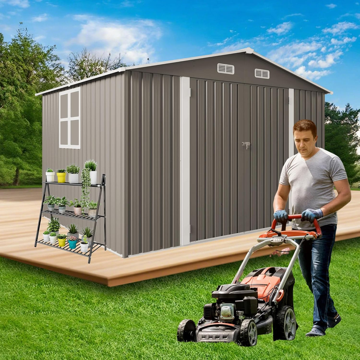 10x8 FT Outdoor Storage Shed,Metal Shed W/Window,Garden Storage Shed W/Lockable Door,All Weather Waterproof Tool House W/ 4 Air Vents & Sloped Roof,for Backyard,Patio,Lawn,Gray