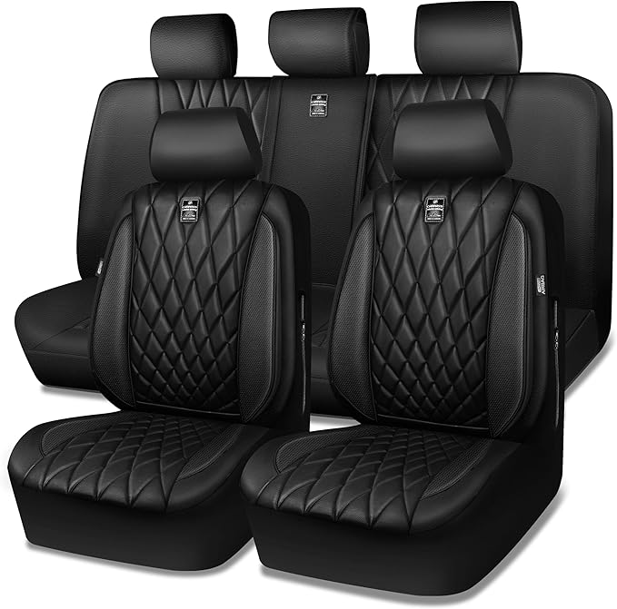 CAR PASS 5 Seats Piping Luxury Faux Leather Seat Covers Full Set, Anti-Slip Waterproof Seat Covers Compatible with Front Armrests, Universal Fit for Suvs,Vans,Trucks,Airbag Compatible, Pure Black