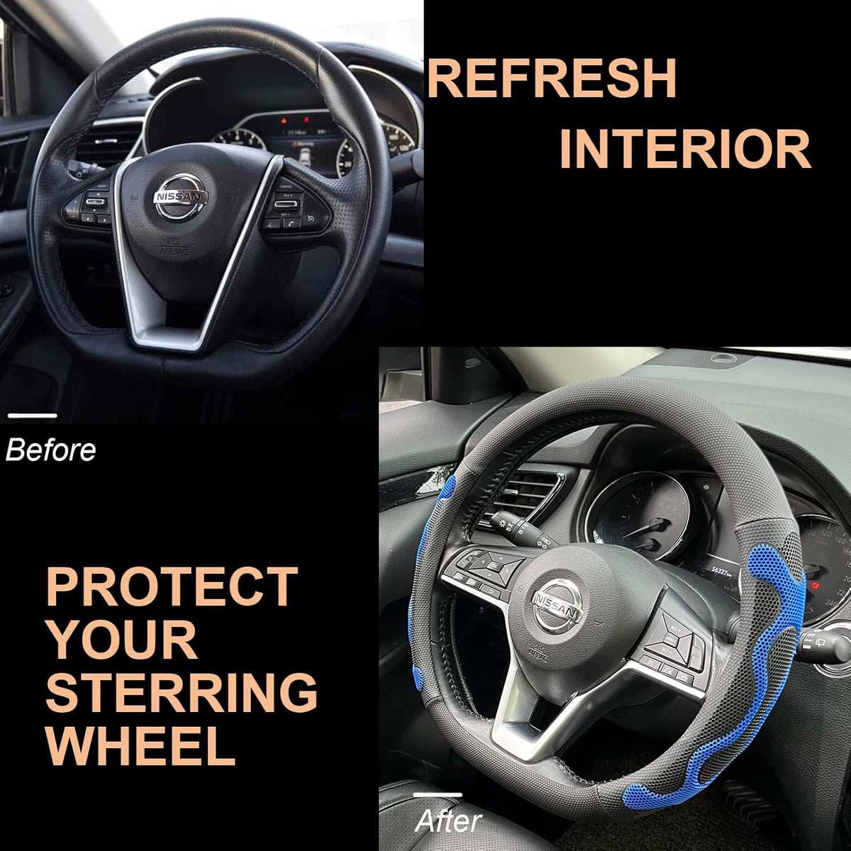 PINCTROT D Shaped Comfy Grip Steering Wheel Cover, Anti-Slip Design, Flat Bottom 14.5-15 Inch(Silicone Blue)